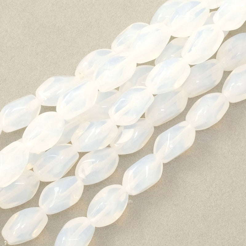 Strand of twisted oval Bohemian glass beads, 11x7mm, opaline white