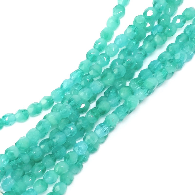 Strand of 4mm Faceted Round Bohemian Beads, Shades of Turquoise Green