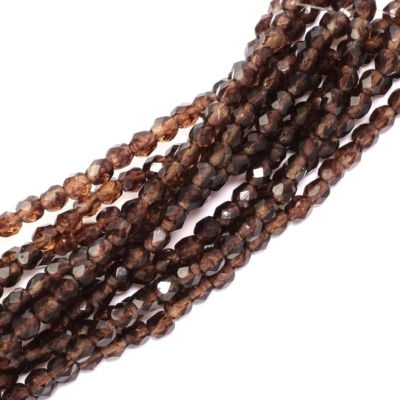 Strand of 4 mm round faceted brown Bohemian pearls