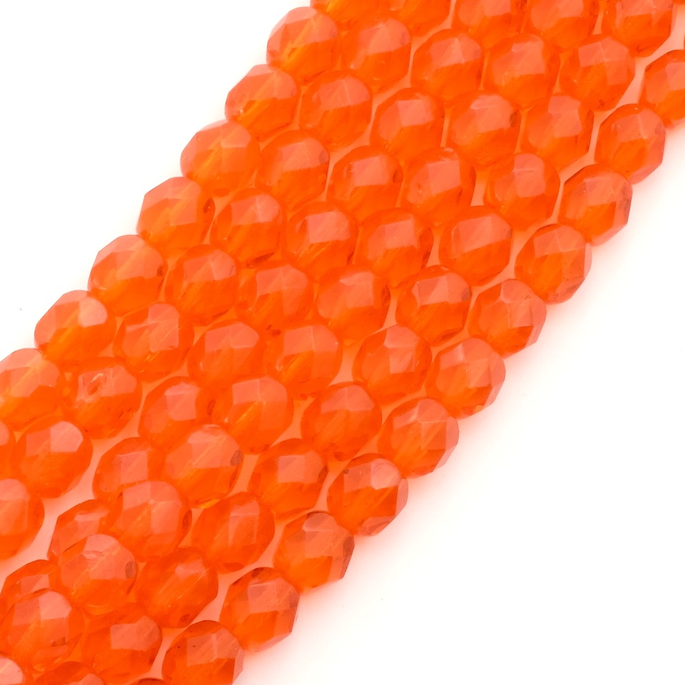 Strand of 6mm round faceted transparent orange Bohemian beads