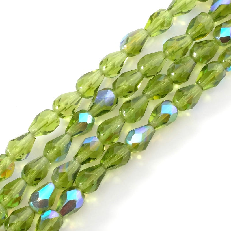 Strand of Bohemian drop beads 8x6mm Iridescent green AB