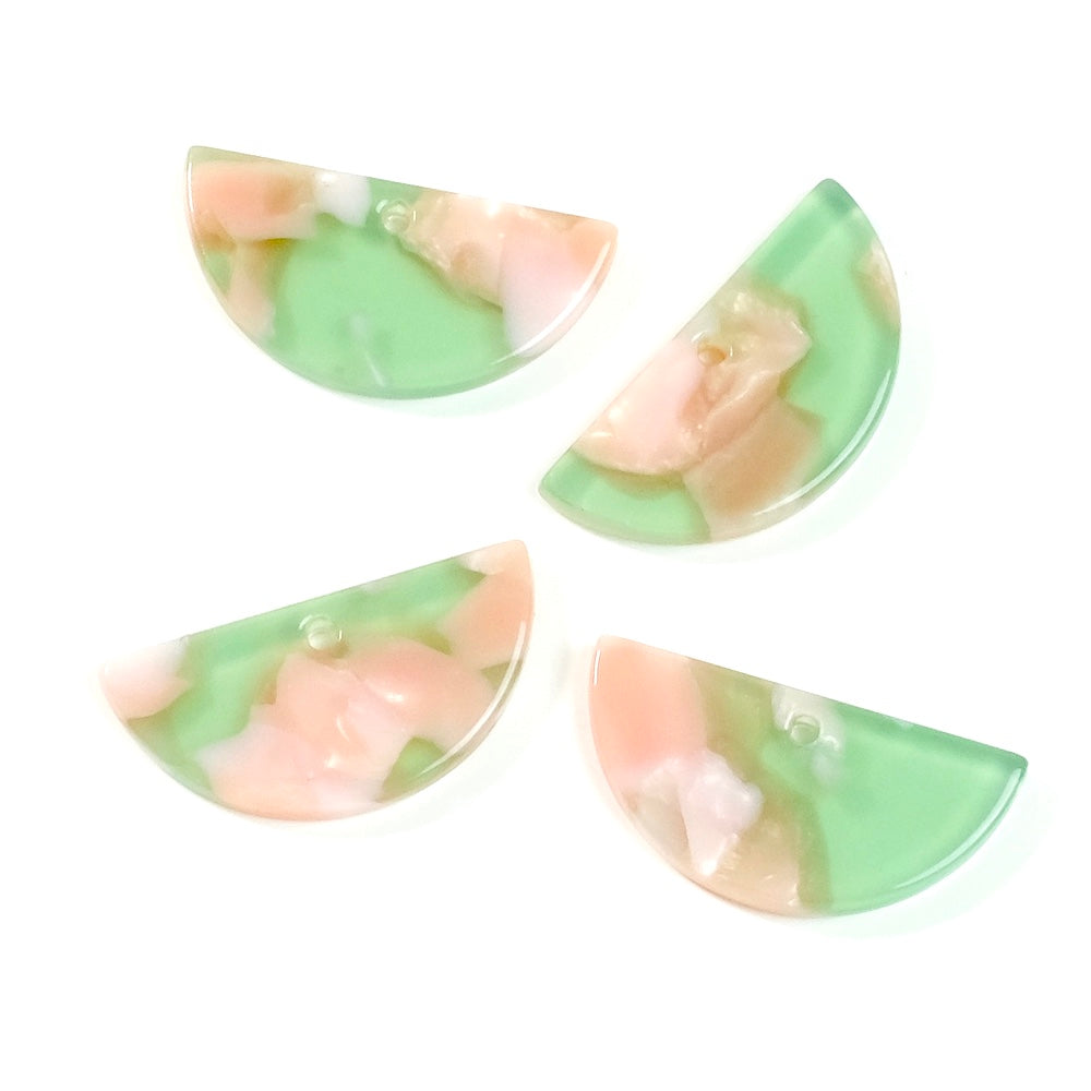 2 green and pink acetate 23mm half-circle pendants