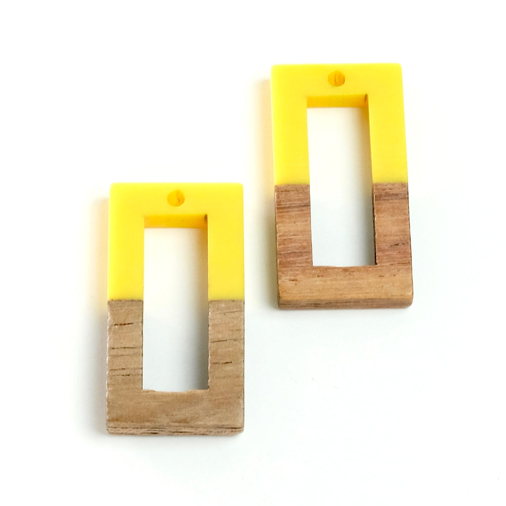 2 Rectangle Wood and Yellow Resin pendants