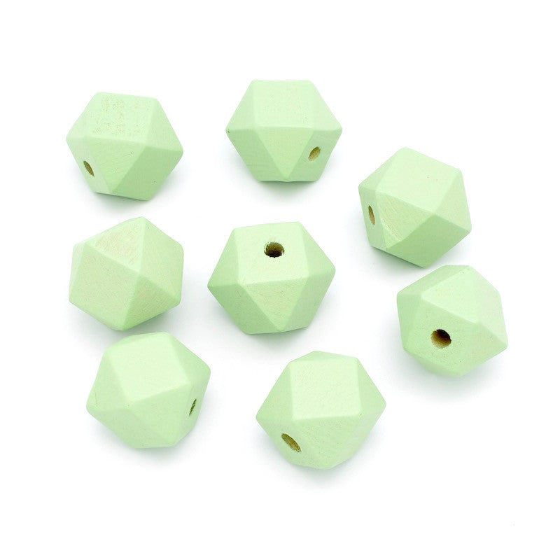 Set of 4 pastel green painted wooden polygon beads, 20mm 