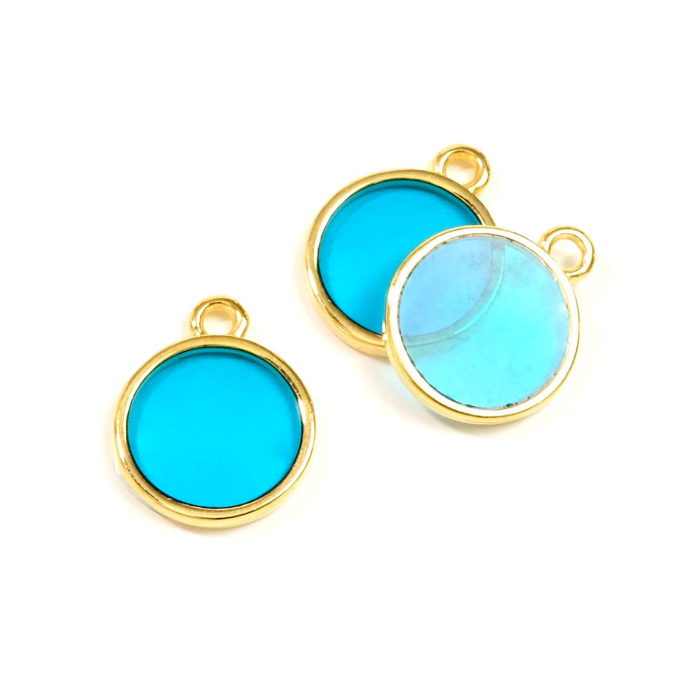 2 Round stained glass pendants in 24K gold-plated Zamak Turquoise