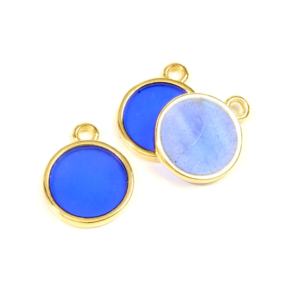 2 Round stained glass pendants in 24K gold-plated Zamak Midnight Blue