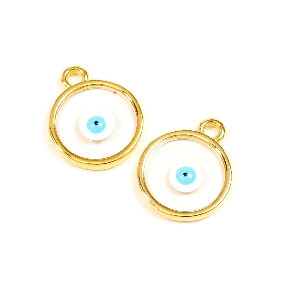 2 Round enamelled eye pendants in 24K gold-plated Zamak