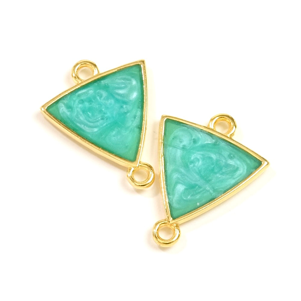 2 Turquoise mother-of-pearl enameled triangle connectors in 24K gold-plated Zamak