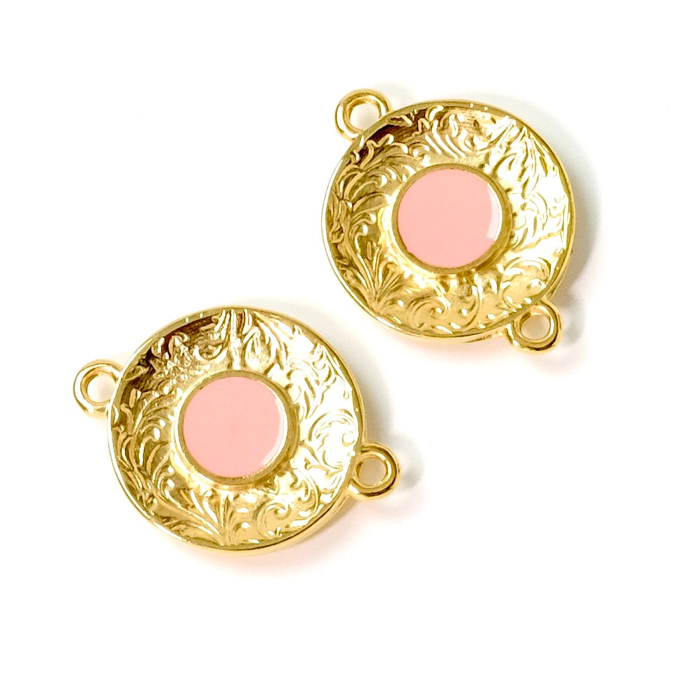 2 round Coral enameled connectors in 24K gold-plated Zamak