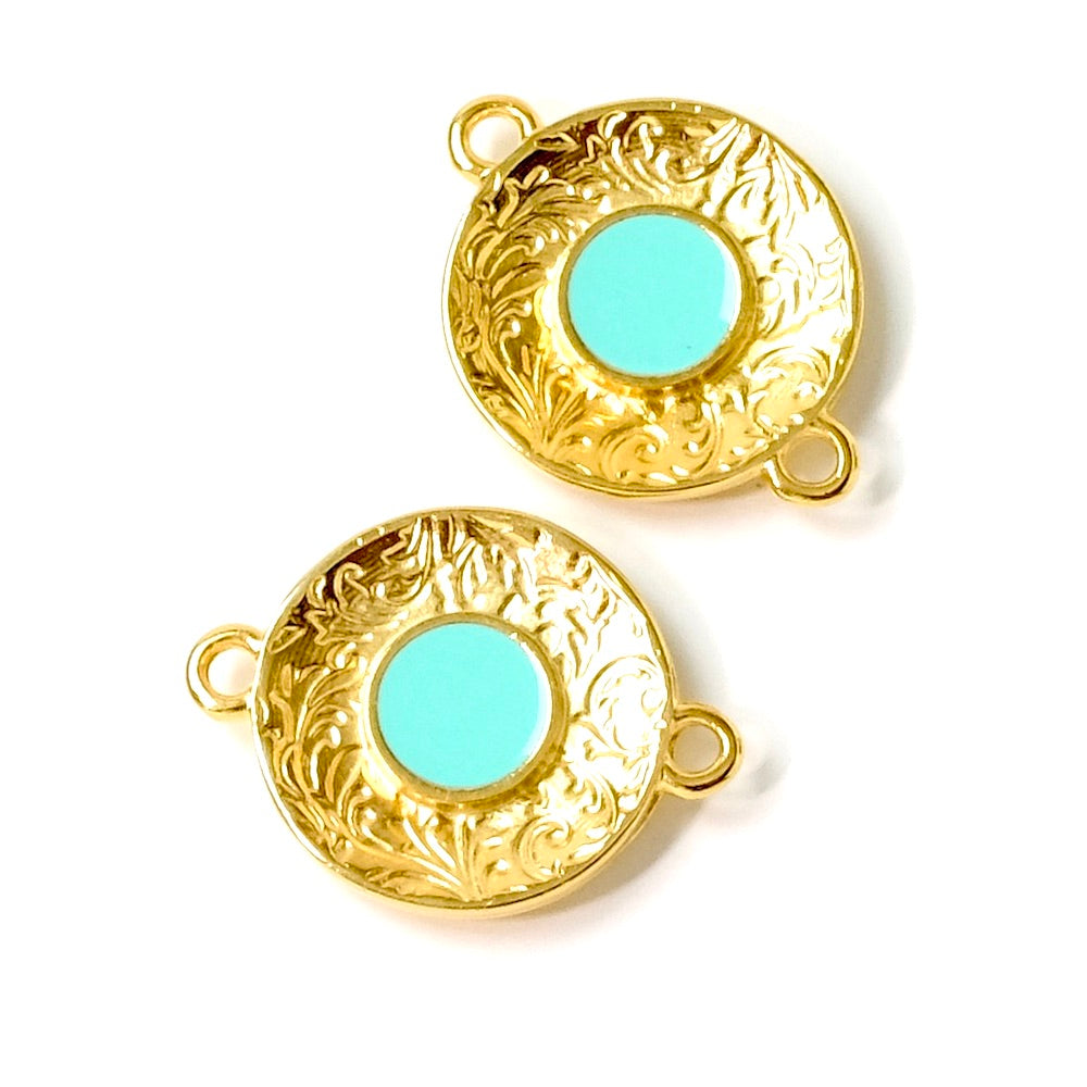 2 Turquoise enamelled round connectors in 24K gold-plated Zamak