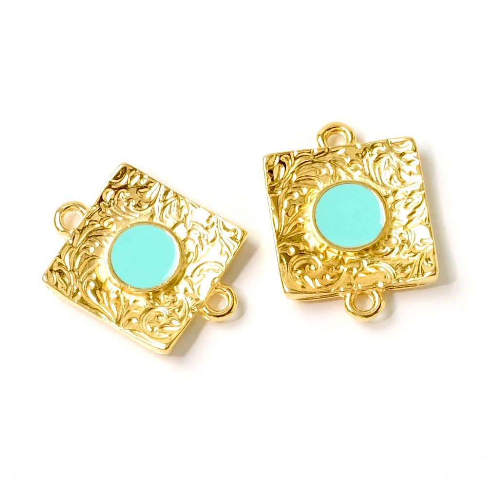 2 Turquoise enamelled square connectors in 24K gold-plated Zamak