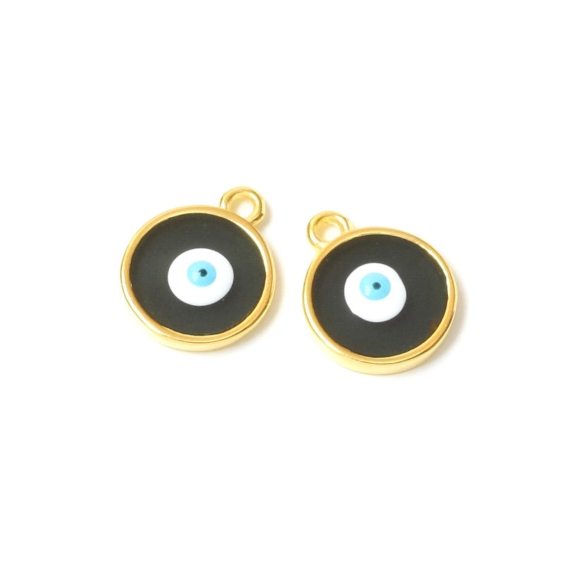 2 Round black enamelled eye pendants in 24K gold-plated Zamak