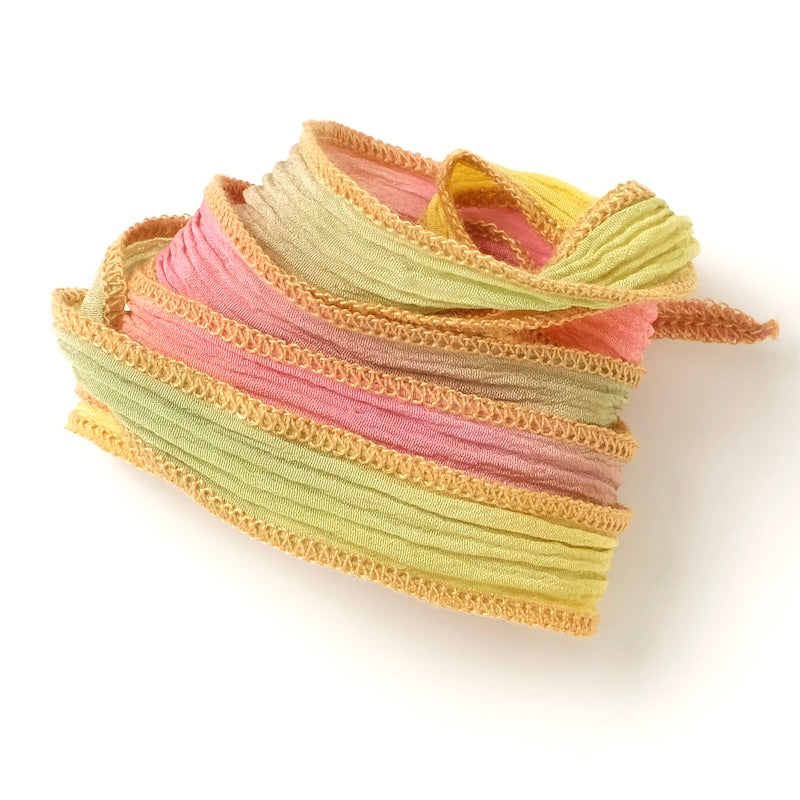 Hand-dyed silk ribbon - Pink green yellow