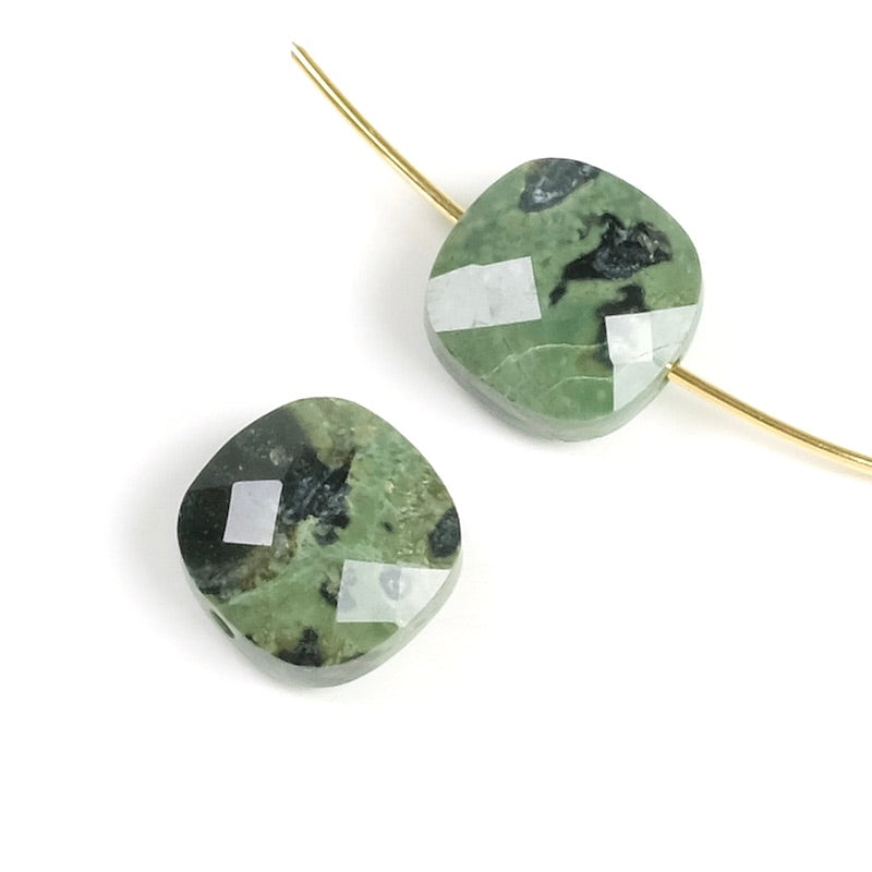 Natural 10mm cushion-cut square green jasper bead