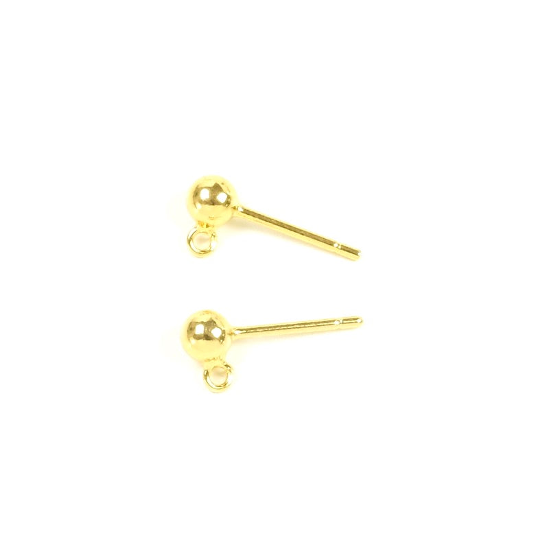 3.8mm ball stud earrings with ring in 24K gold plated brass, per pair