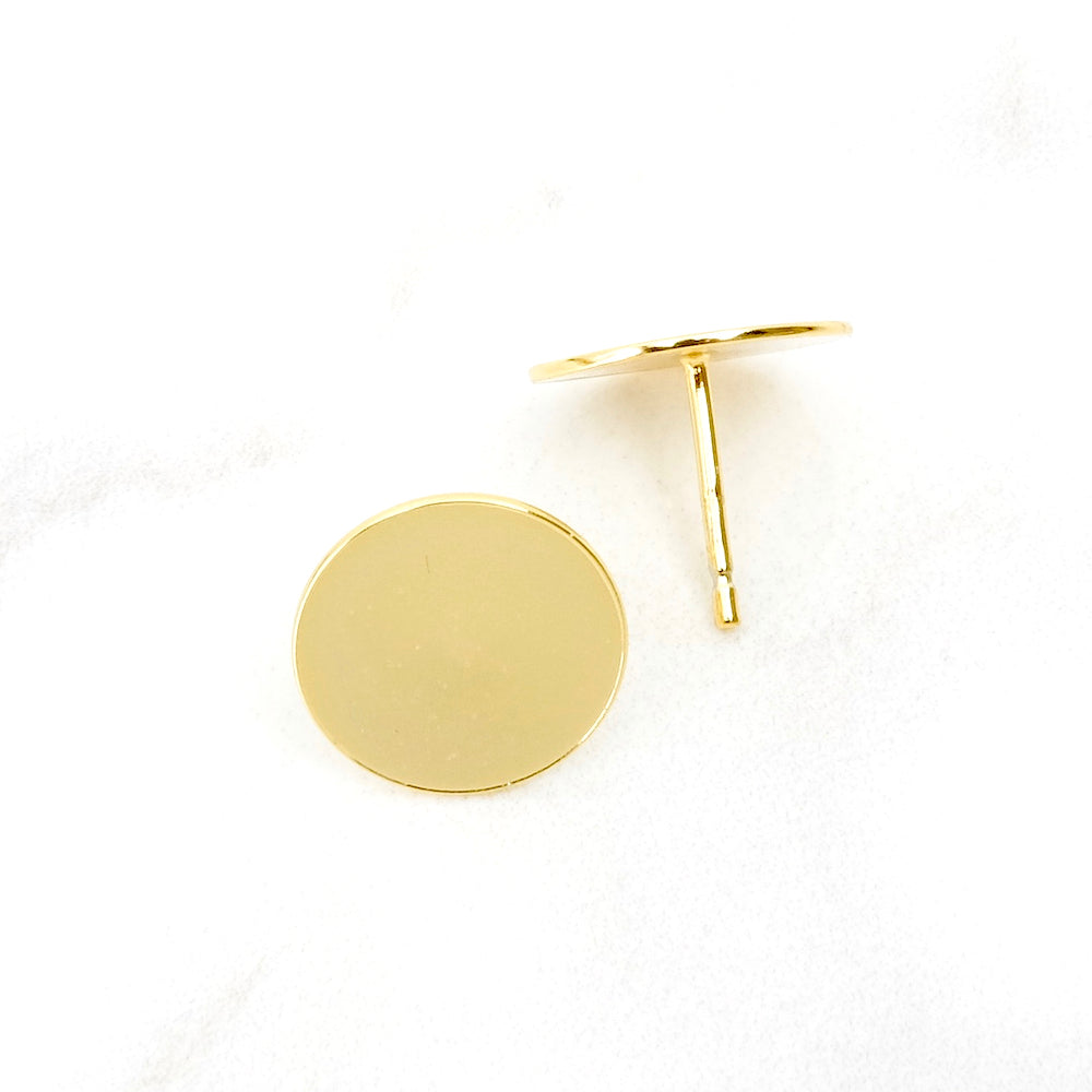 2 Earring studs with 12mm round pads for gluing in 24K gold plated brass