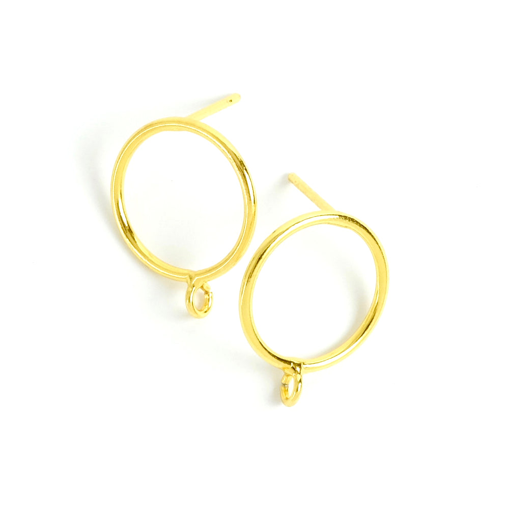 2 15mm brass hoop earrings with studs in 24K gold plated
