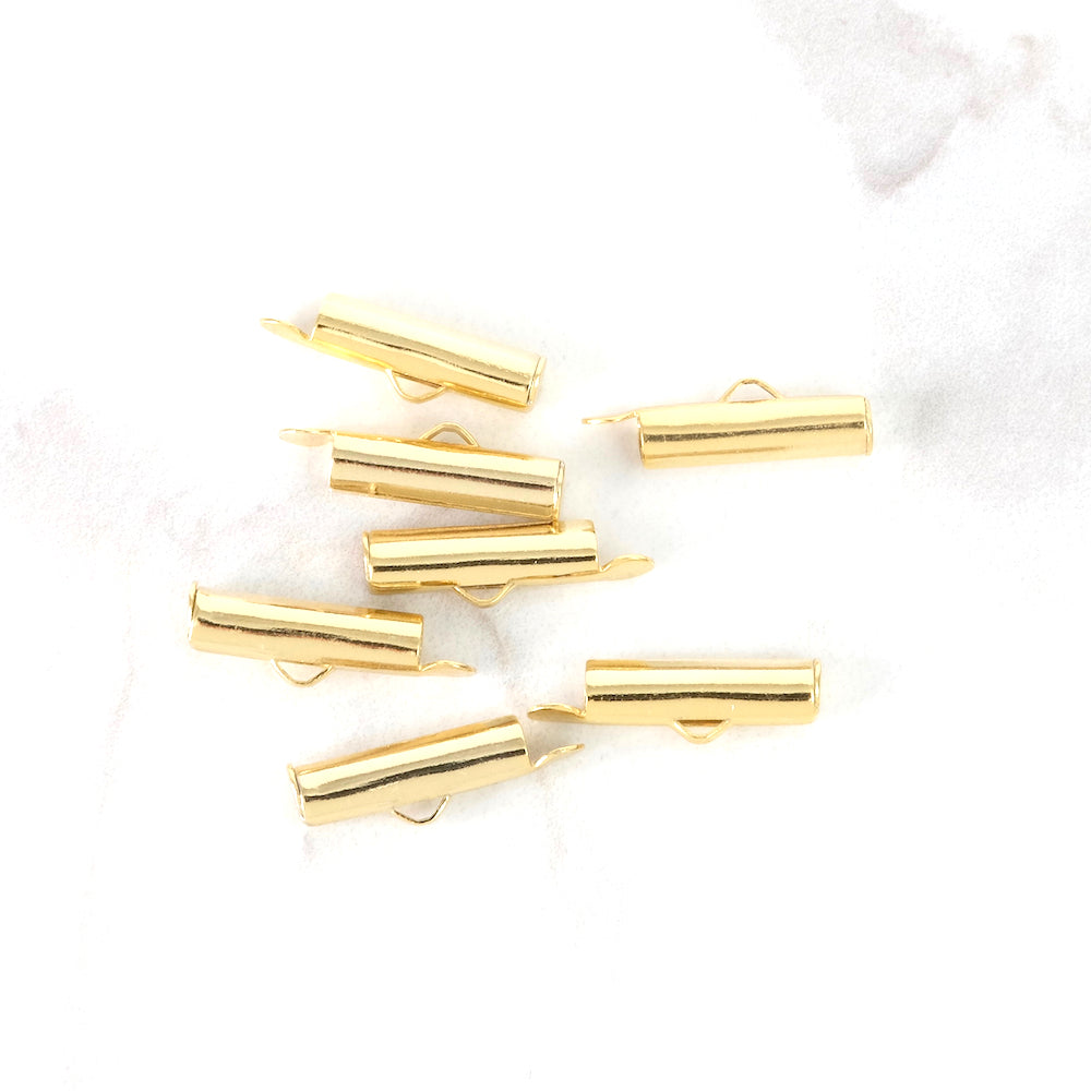 4 tube end caps, hanger style, 15mm in 24K gold-plated brass