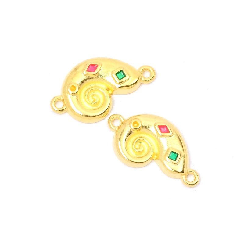 2 connectors Shell enamelled multicoloured in Zamak Doré 24K