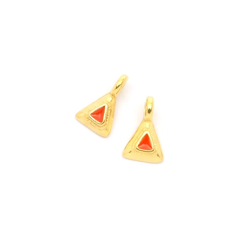 2 small Pendants ethnic triangle enamelled orange gold 24K