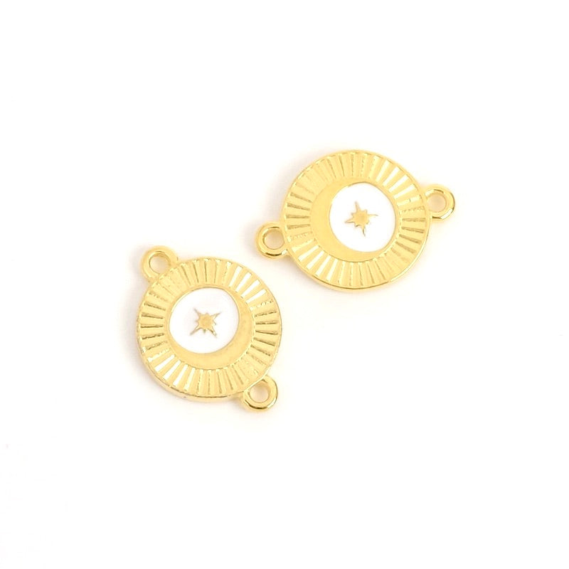White enamelled round star connector in 24K gold-plated Zamak