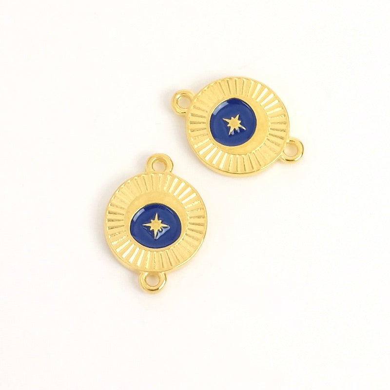 Midnight blue enamelled round star connector in 24K gold-plated Zamak
