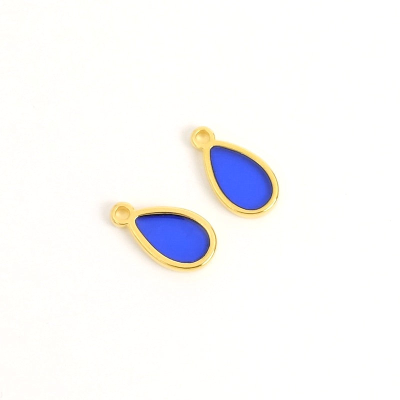 2 Blue stained glass drop pendants in 24K gold-plated Zamak
