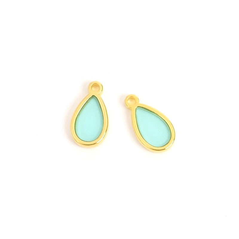 2 aqua glass drop pendants in 24K gold-plated Zamak