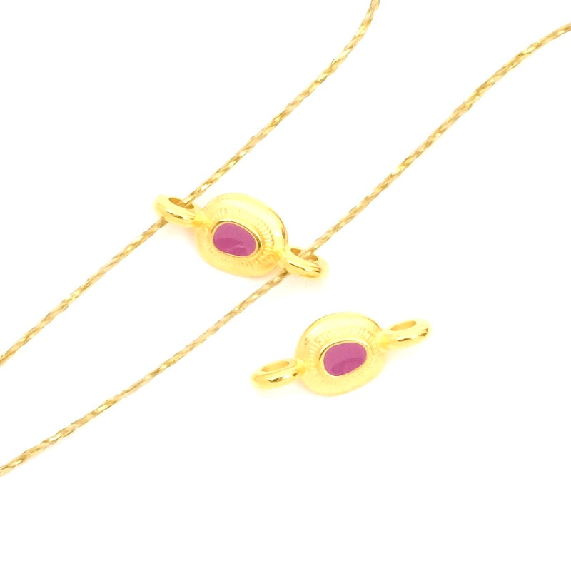 2 small oval ethnic connectors enamelled magenta gold 24K