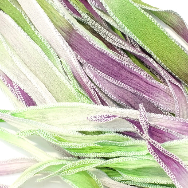 Hand-dyed silk ribbon - Shades of lime green, violet, white