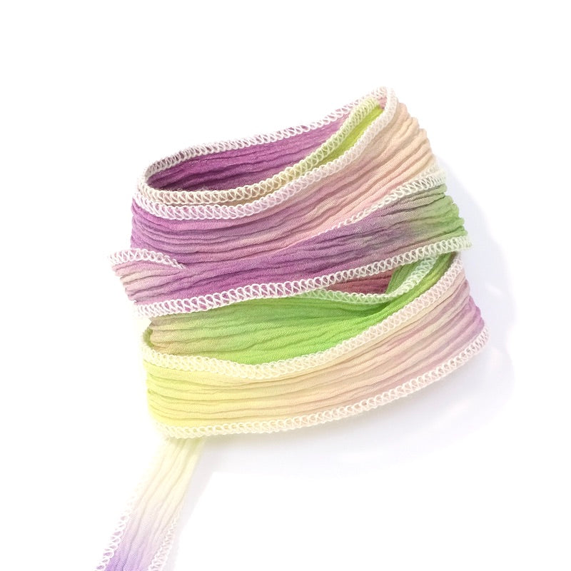 Hand-dyed silk ribbon - Shades of lime green, violet, white