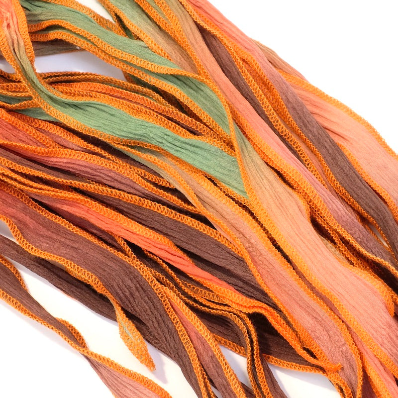 Hand-dyed silk ribbon - Shades of orange and green