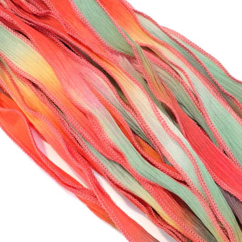 Hand-dyed silk ribbon - Shades of coral and green