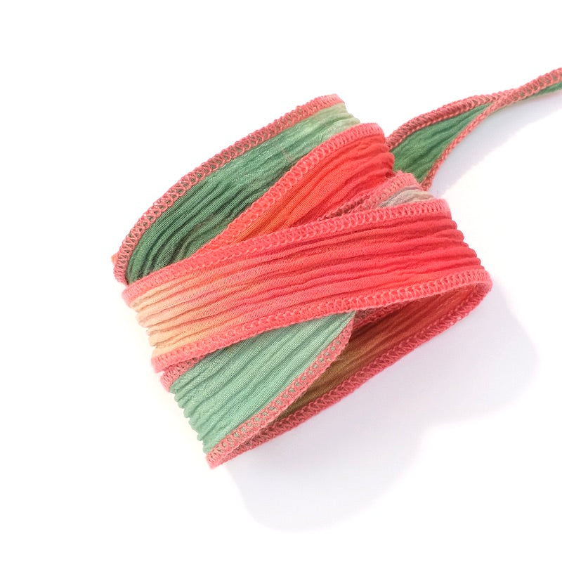 Hand-dyed silk ribbon - Shades of coral and green