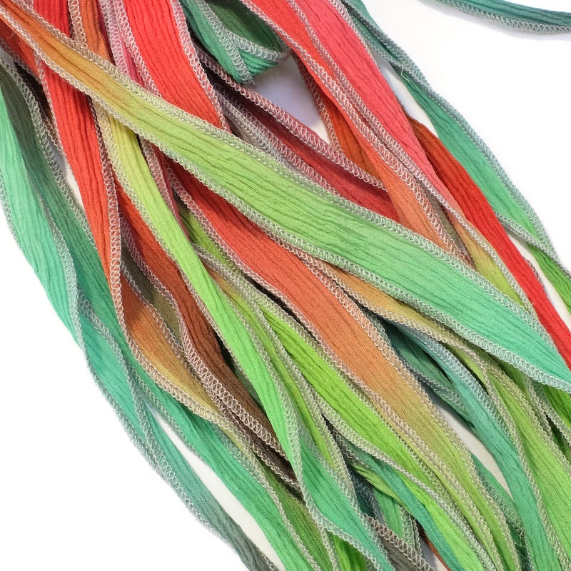 Hand-dyed silk ribbon - Shades of green and orange
