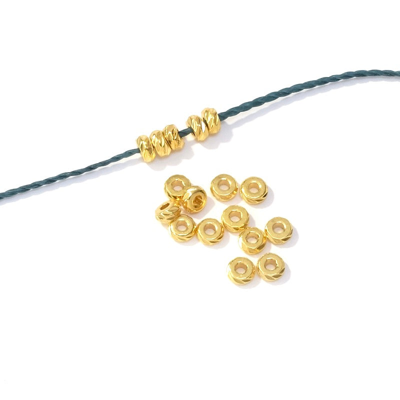 10 Premium 24K gold-plated brass 4mm ribbed rondelle beads
