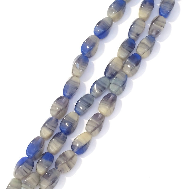 Strand of twisted oval Bohemian glass beads, 9x6mm, marbled blue
