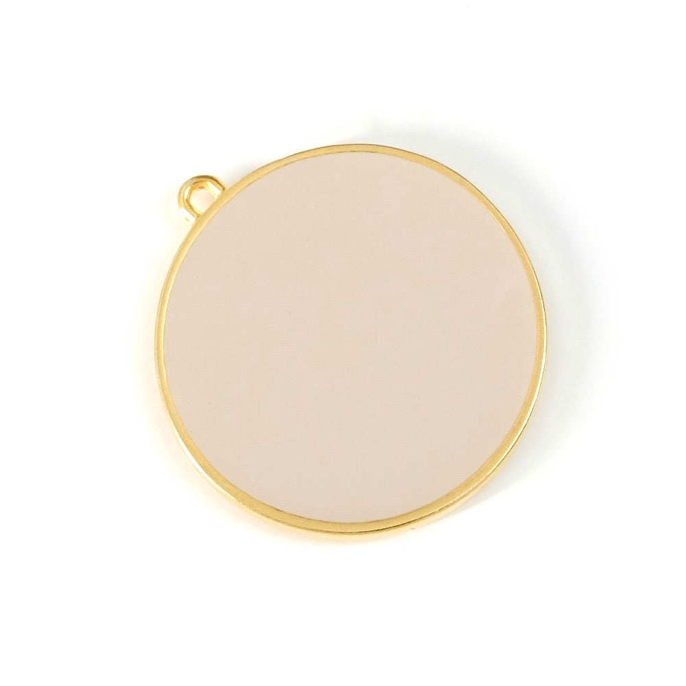 Gold 24K Zamak 30mm Round Light Beige Enamel Pendant