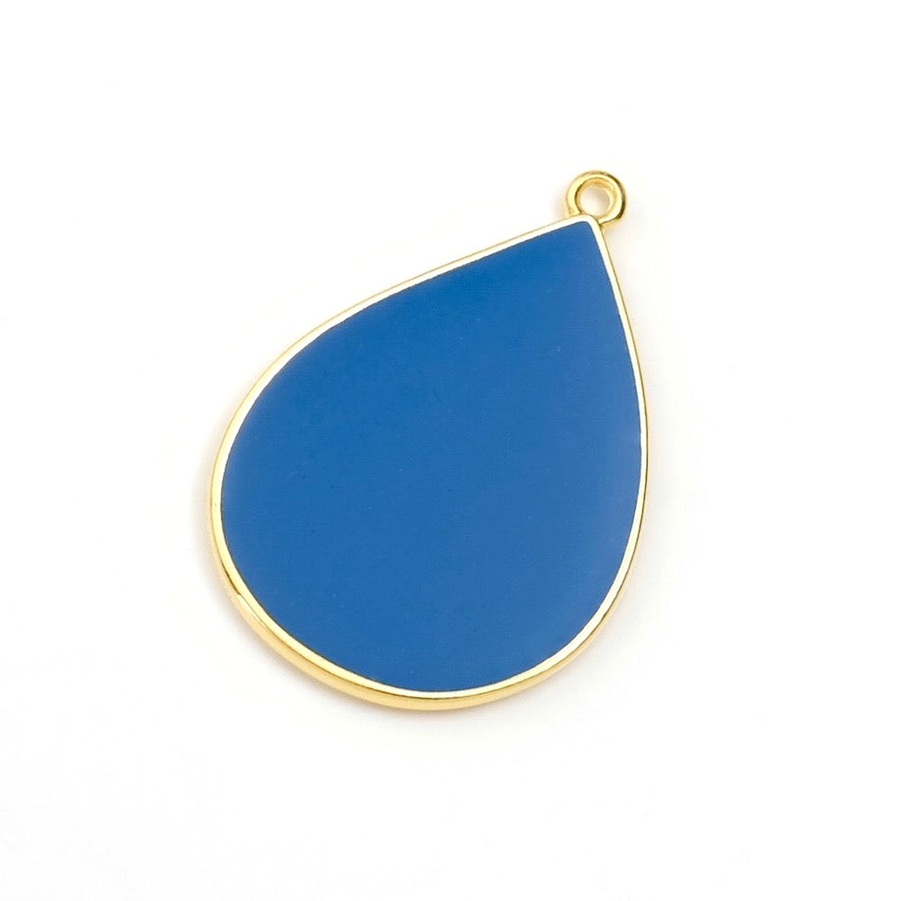 Blue Enamelled Teardrop Pendant in 24K Gold Plated Zamak
