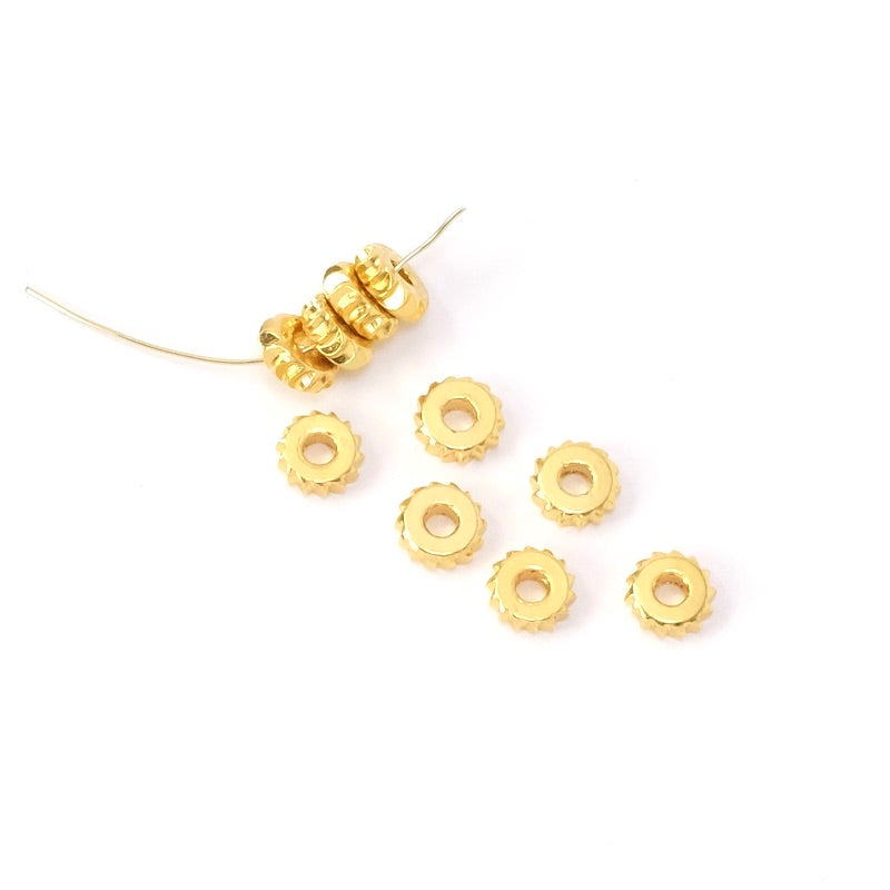 6 Premium 24K gold-plated brass 5.6mm ribbed rondelle beads