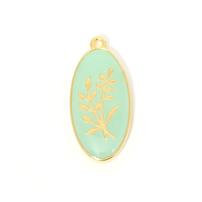 Oval pendant with pastel green enamelled plant motif, 24K gold-plated