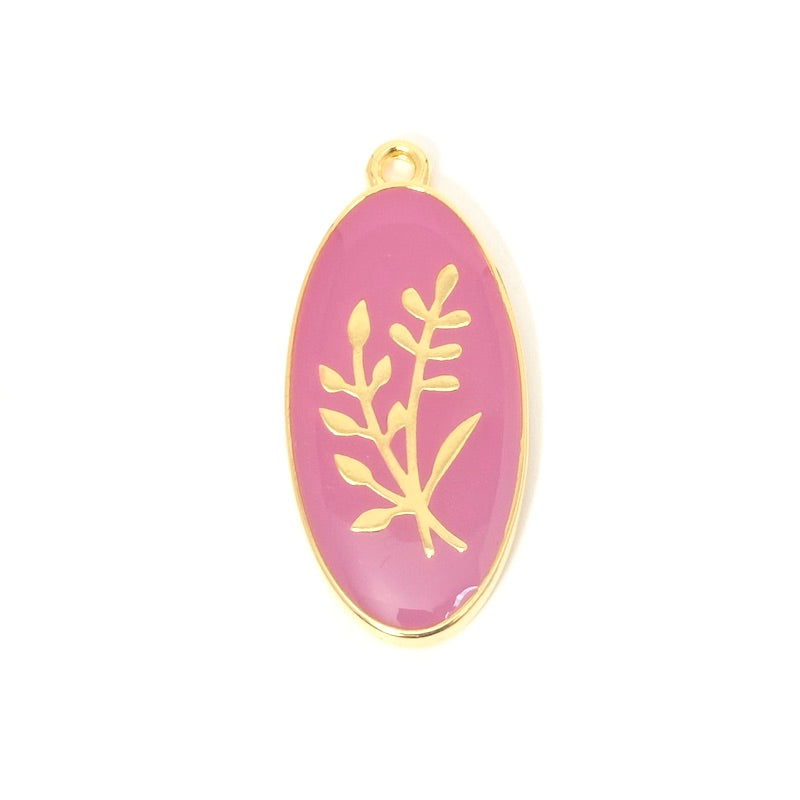 24K Gold Plated Magenta Enamel Oval Pendant with Plant Design