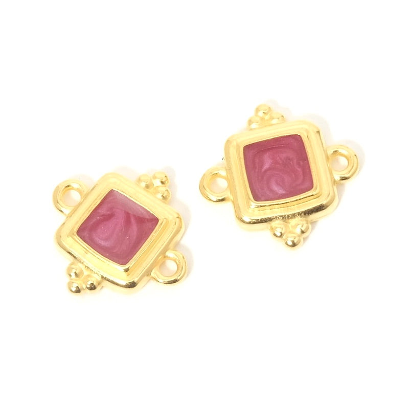 2 Square ethnic connectors enamelled fuchsia gold effect 24K