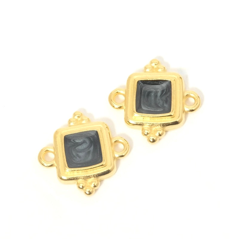 2 square ethnic connectors enamelled black gold effect 24K