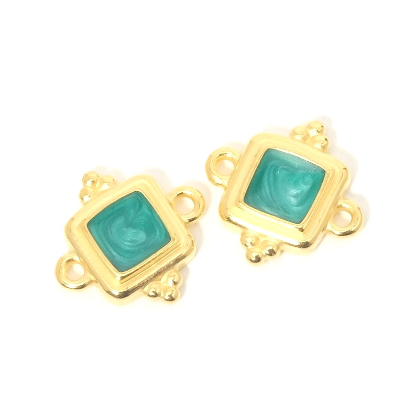 2 Ethnic Square Connectors with Turquoise Effect Enamel and 24K Gold Plating
