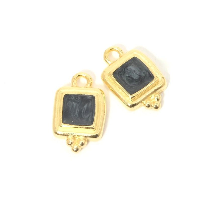 2 Square ethnic pendants enamelled black effect gilded 24K