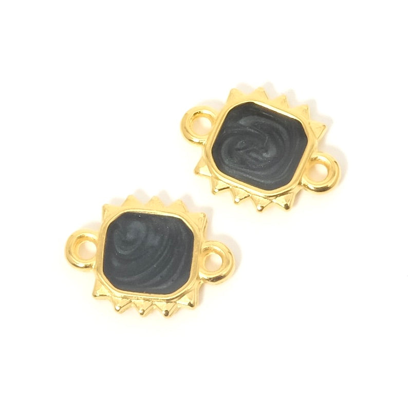 2 Square connectors enamelled black gold effect 24K