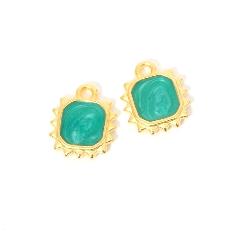 2 24K gold turquoise effect enamelled square pendants