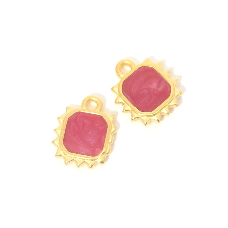 2 Square pendants enamelled fuchsia effect, 24K gold plated