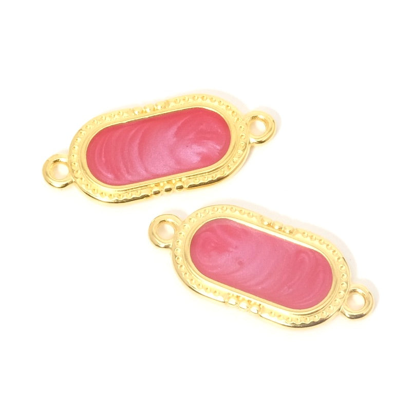 Enameled oval connector, fuchsia effect, 24K gold plated